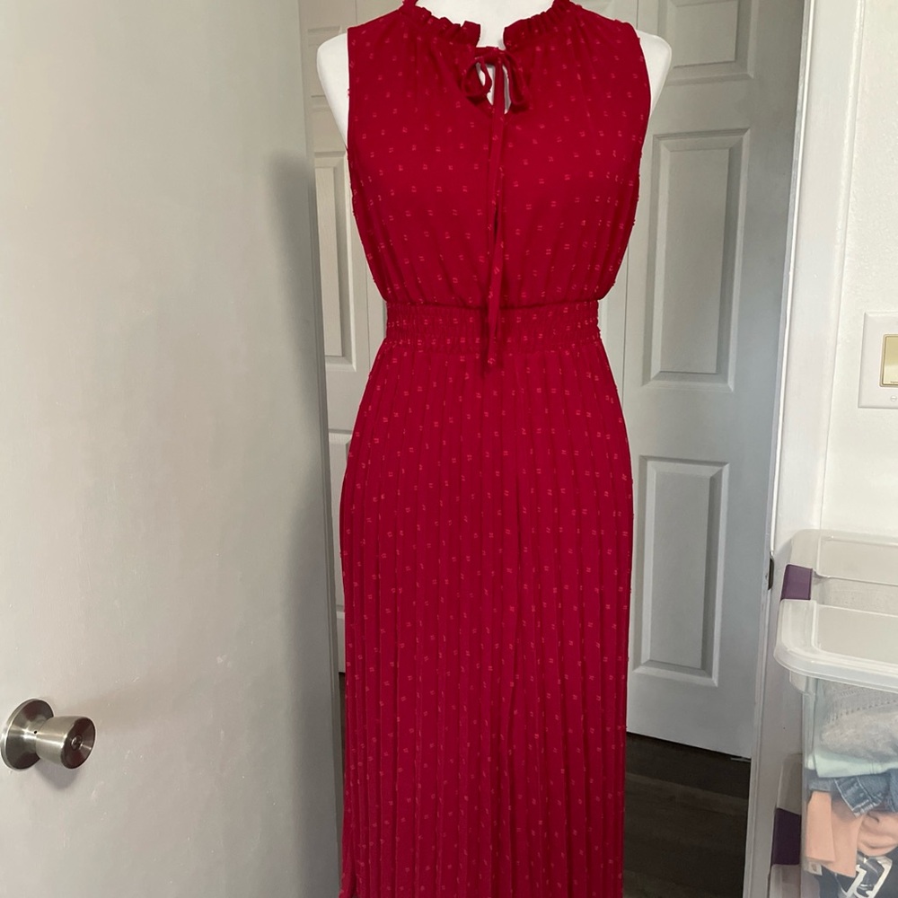 SHEIN SMALL MAXI RED STRETCH DRESS RUFFLED NECK WITH TIE SLEEVELESS PLEATS